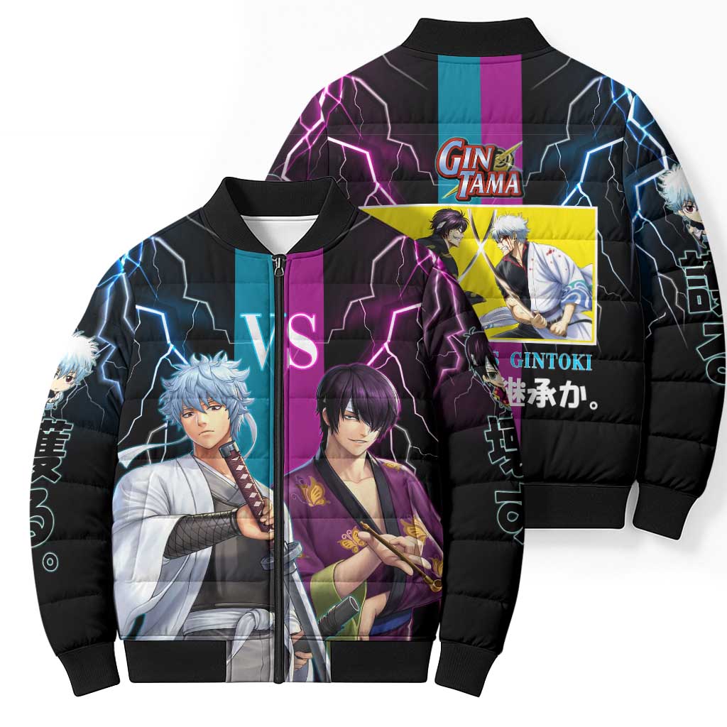 Shinsuke vs Gintoki Gintama Split Lightning Design Bomber Puffer Jacket with Sword Duel and Anime Showdown Theme - The Mazicc