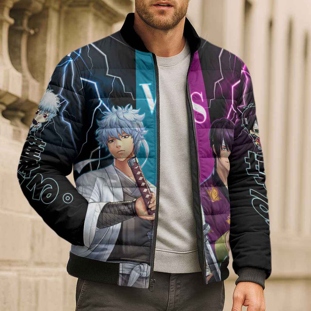 Shinsuke vs Gintoki Gintama Split Lightning Design Bomber Puffer Jacket with Sword Duel and Anime Showdown Theme - The Mazicc