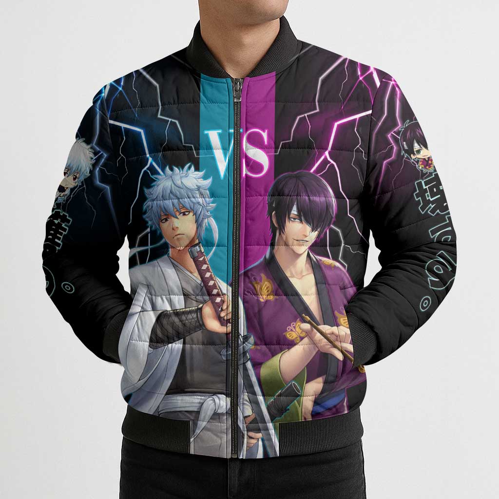 Shinsuke vs Gintoki Gintama Split Lightning Design Bomber Puffer Jacket with Sword Duel and Anime Showdown Theme - The Mazicc