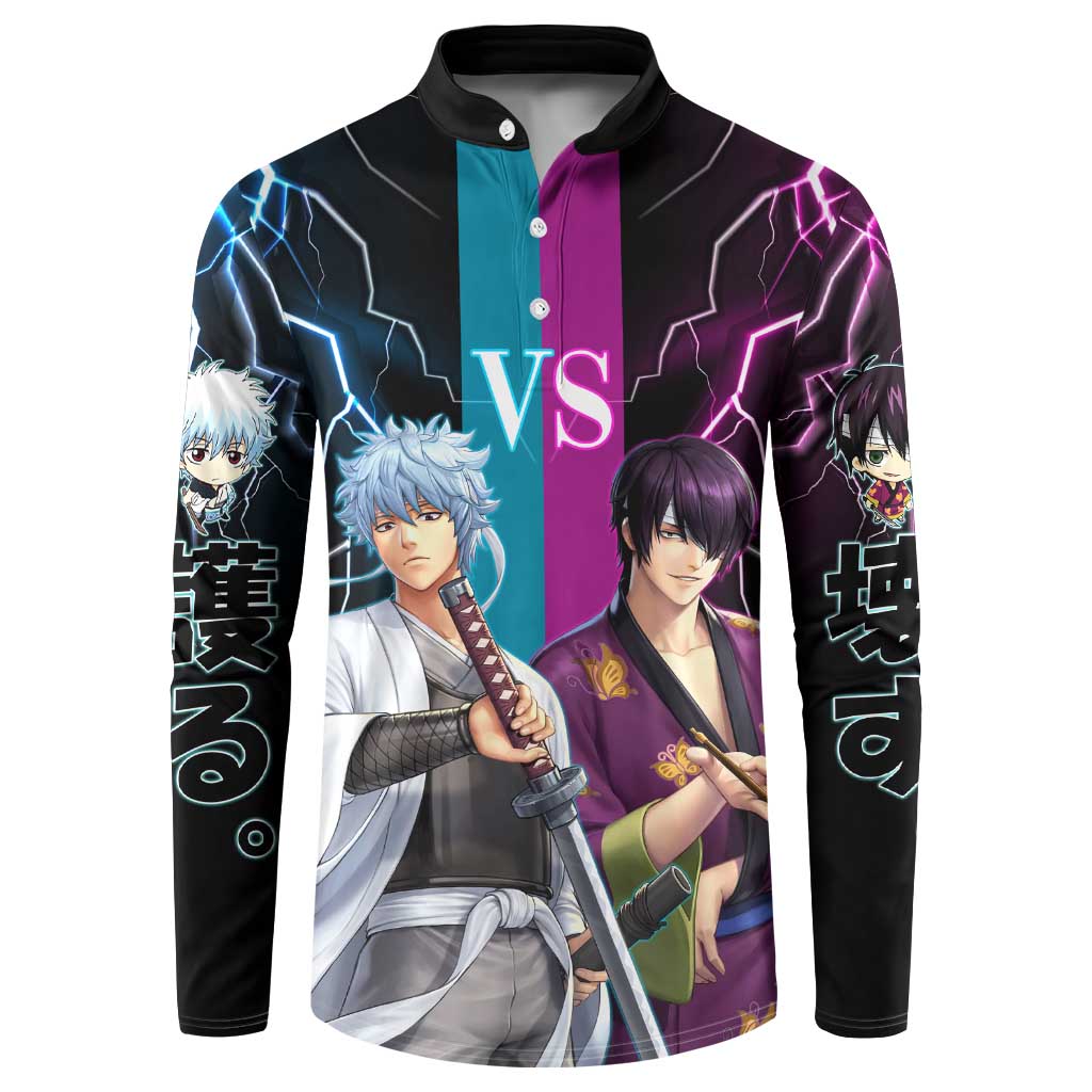 Shinsuke vs Gintoki Gintama Split Lightning Design Button Sweatshirt with Sword Duel and Anime Showdown Theme - The Mazicc