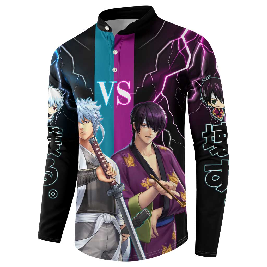 Shinsuke vs Gintoki Gintama Split Lightning Design Button Sweatshirt with Sword Duel and Anime Showdown Theme - The Mazicc