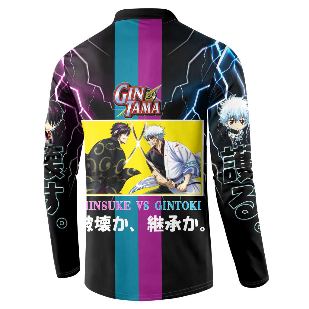 Shinsuke vs Gintoki Gintama Split Lightning Design Button Sweatshirt with Sword Duel and Anime Showdown Theme - The Mazicc