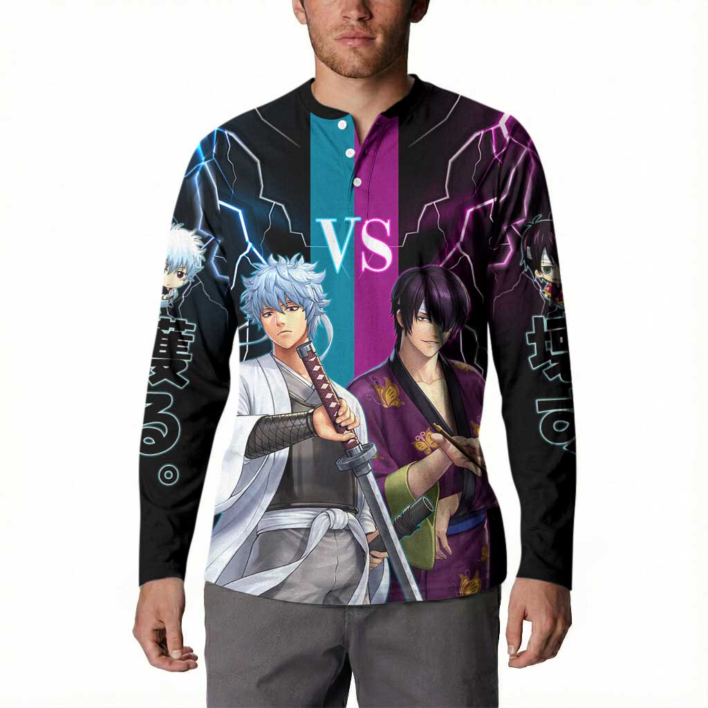 Shinsuke vs Gintoki Gintama Split Lightning Design Button Sweatshirt with Sword Duel and Anime Showdown Theme - The Mazicc