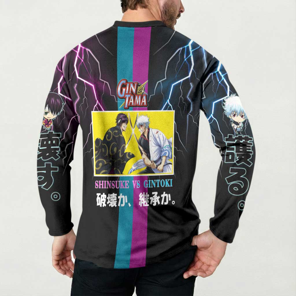Shinsuke vs Gintoki Gintama Split Lightning Design Button Sweatshirt with Sword Duel and Anime Showdown Theme - The Mazicc