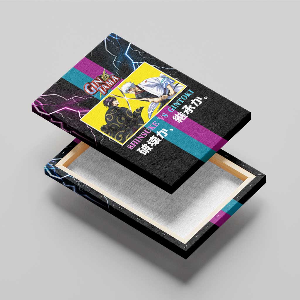 Shinsuke vs Gintoki Gintama Split Lightning Design Canvas Wall Art with Sword Duel and Anime Showdown Theme - The Mazicc