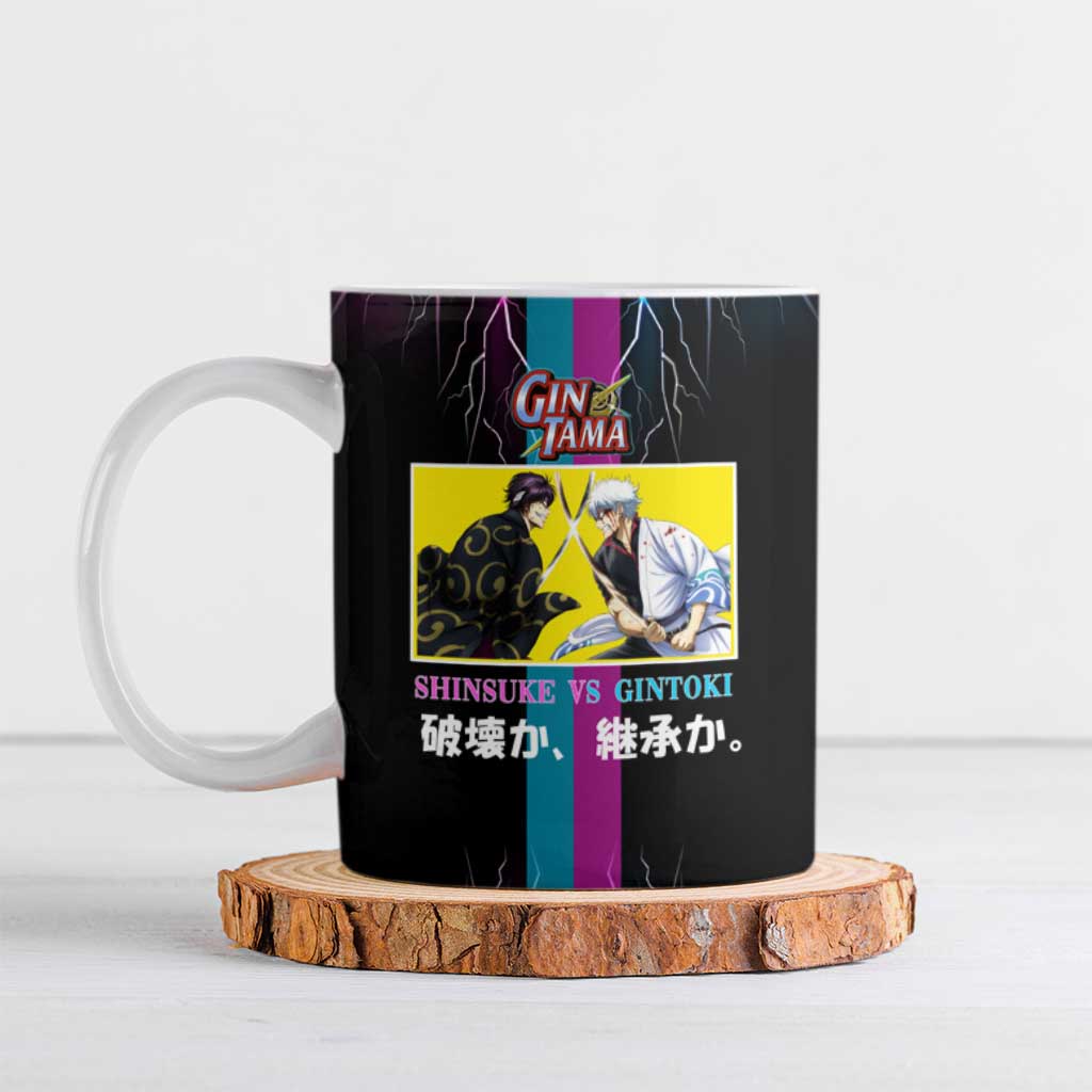Shinsuke vs Gintoki Gintama Split Lightning Design Ceramic Mug with Sword Duel and Anime Showdown Theme - The Mazicc