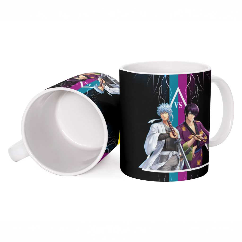 Shinsuke vs Gintoki Gintama Split Lightning Design Ceramic Mug with Sword Duel and Anime Showdown Theme - The Mazicc