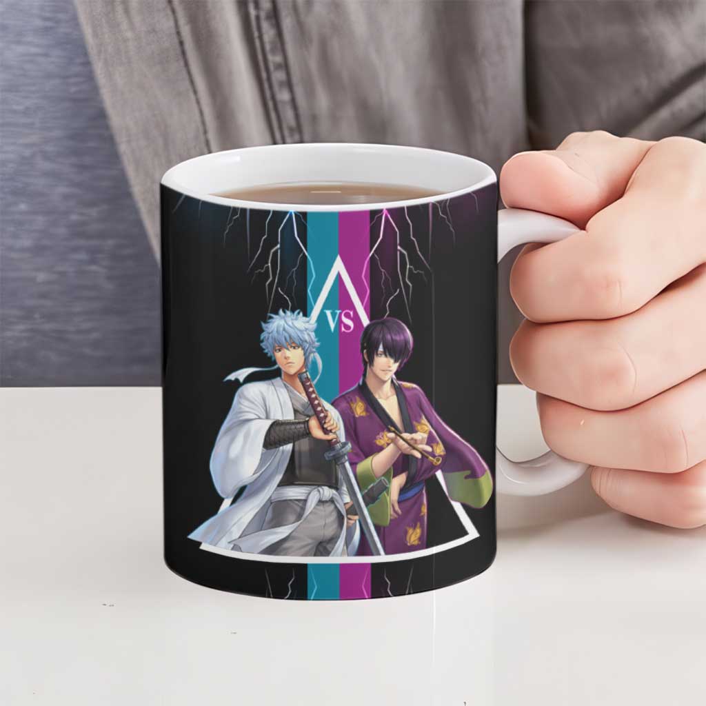 Shinsuke vs Gintoki Gintama Split Lightning Design Ceramic Mug with Sword Duel and Anime Showdown Theme - The Mazicc