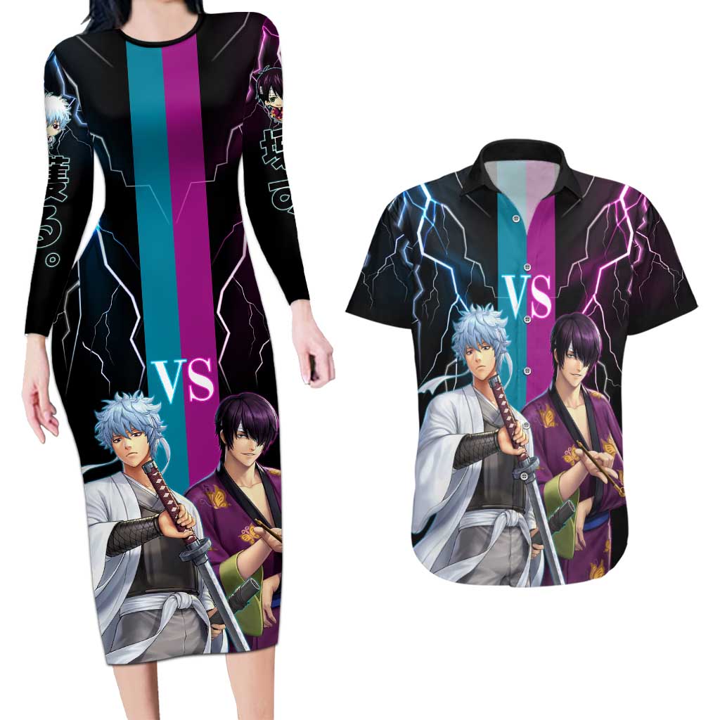 Shinsuke vs Gintoki Gintama Split Lightning Design Couples Matching Long Sleeve Bodycon Dress and Hawaiian Shirt with Sword Duel and Anime Showdown Theme - The Mazicc