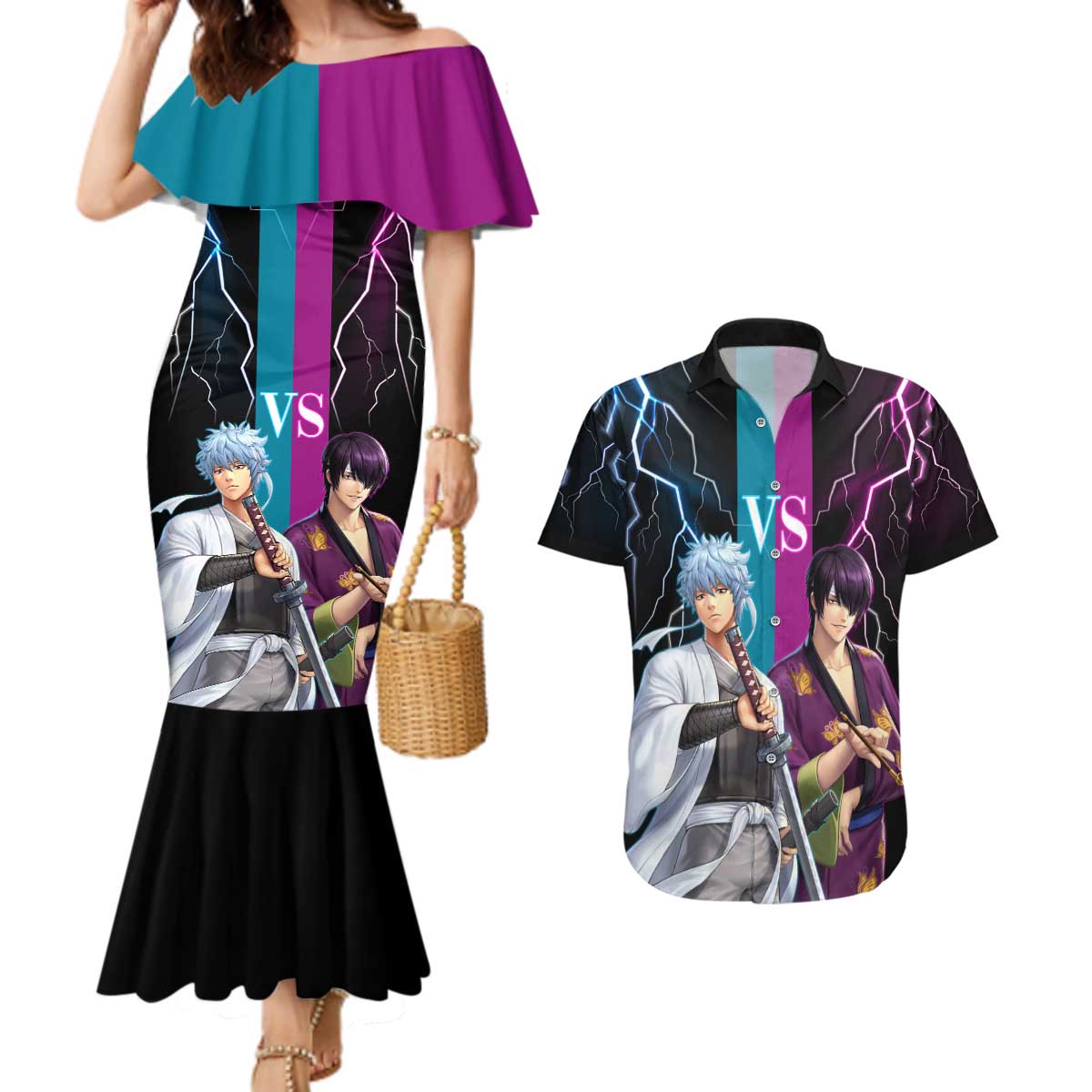 Shinsuke vs Gintoki Gintama Split Lightning Design Couples Matching Mermaid Dress and Hawaiian Shirt with Sword Duel and Anime Showdown Theme - The Mazicc
