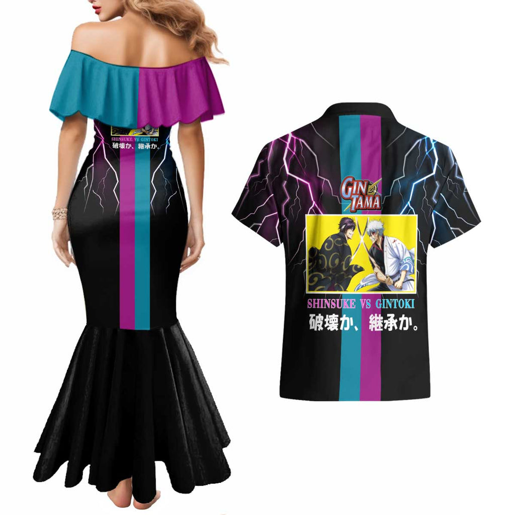 Shinsuke vs Gintoki Gintama Split Lightning Design Couples Matching Mermaid Dress and Hawaiian Shirt with Sword Duel and Anime Showdown Theme - The Mazicc