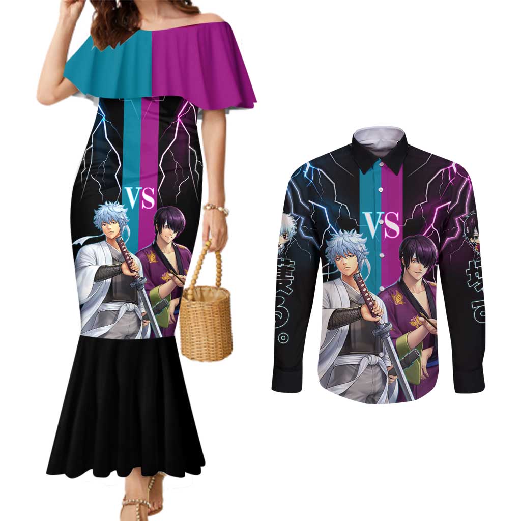 Shinsuke vs Gintoki Gintama Split Lightning Design Couples Matching Mermaid Dress and Long Sleeve Button Shirt with Sword Duel and Anime Showdown Theme - The Mazicc