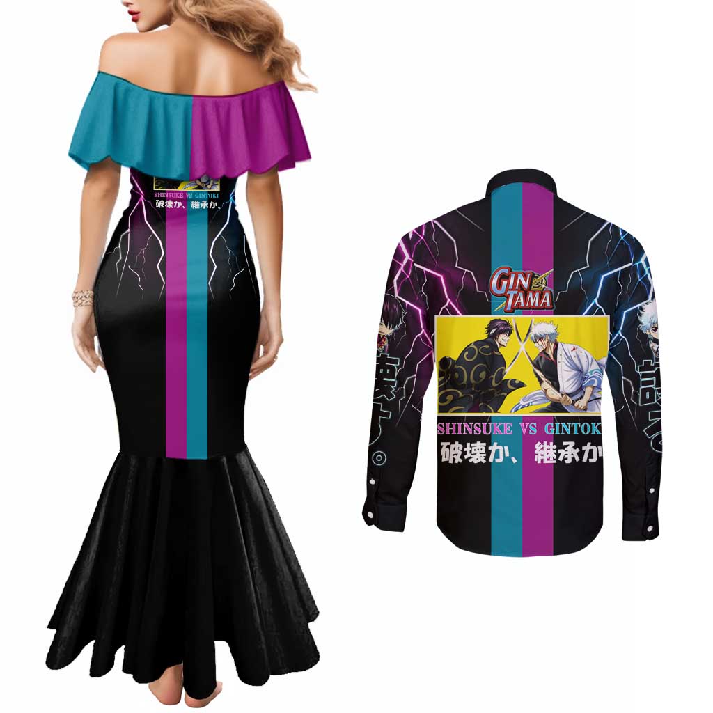 Shinsuke vs Gintoki Gintama Split Lightning Design Couples Matching Mermaid Dress and Long Sleeve Button Shirt with Sword Duel and Anime Showdown Theme - The Mazicc