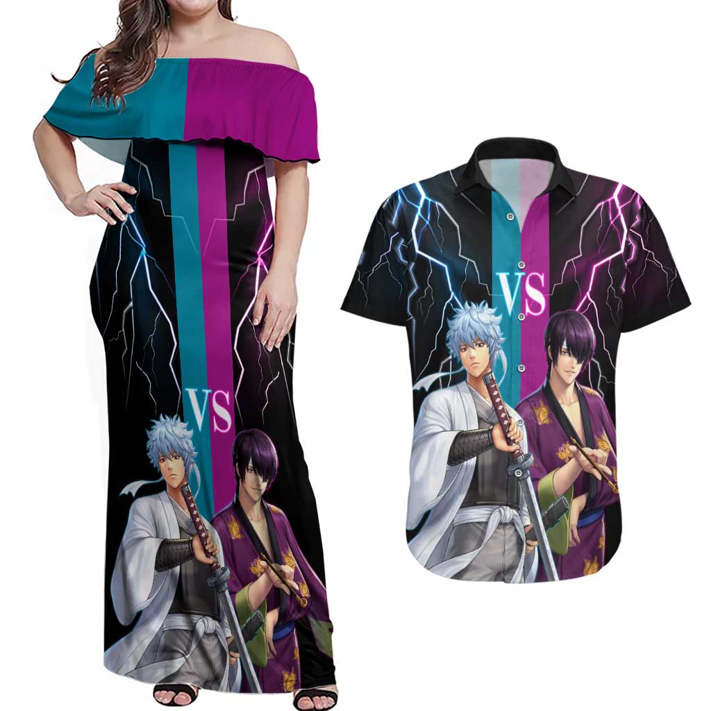 Shinsuke vs Gintoki Gintama Split Lightning Design Couples Matching Off Shoulder Maxi Dress and Hawaiian Shirt with Sword Duel and Anime Showdown Theme - The Mazicc