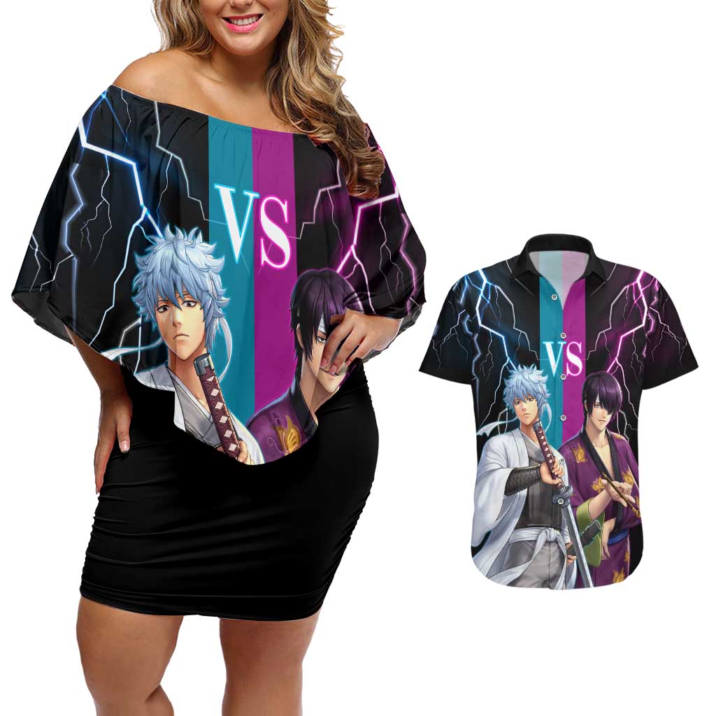 Shinsuke vs Gintoki Gintama Split Lightning Design Couples Matching Off Shoulder Short Dress and Hawaiian Shirt with Sword Duel and Anime Showdown Theme - The Mazicc