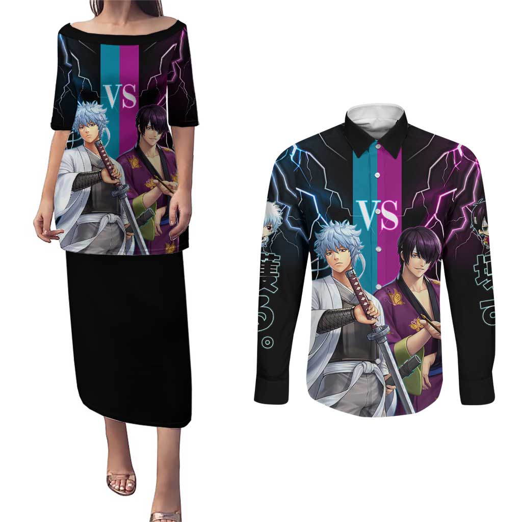 Shinsuke vs Gintoki Gintama Split Lightning Design Couples Matching Puletasi and Long Sleeve Button Shirt with Sword Duel and Anime Showdown Theme - The Mazicc