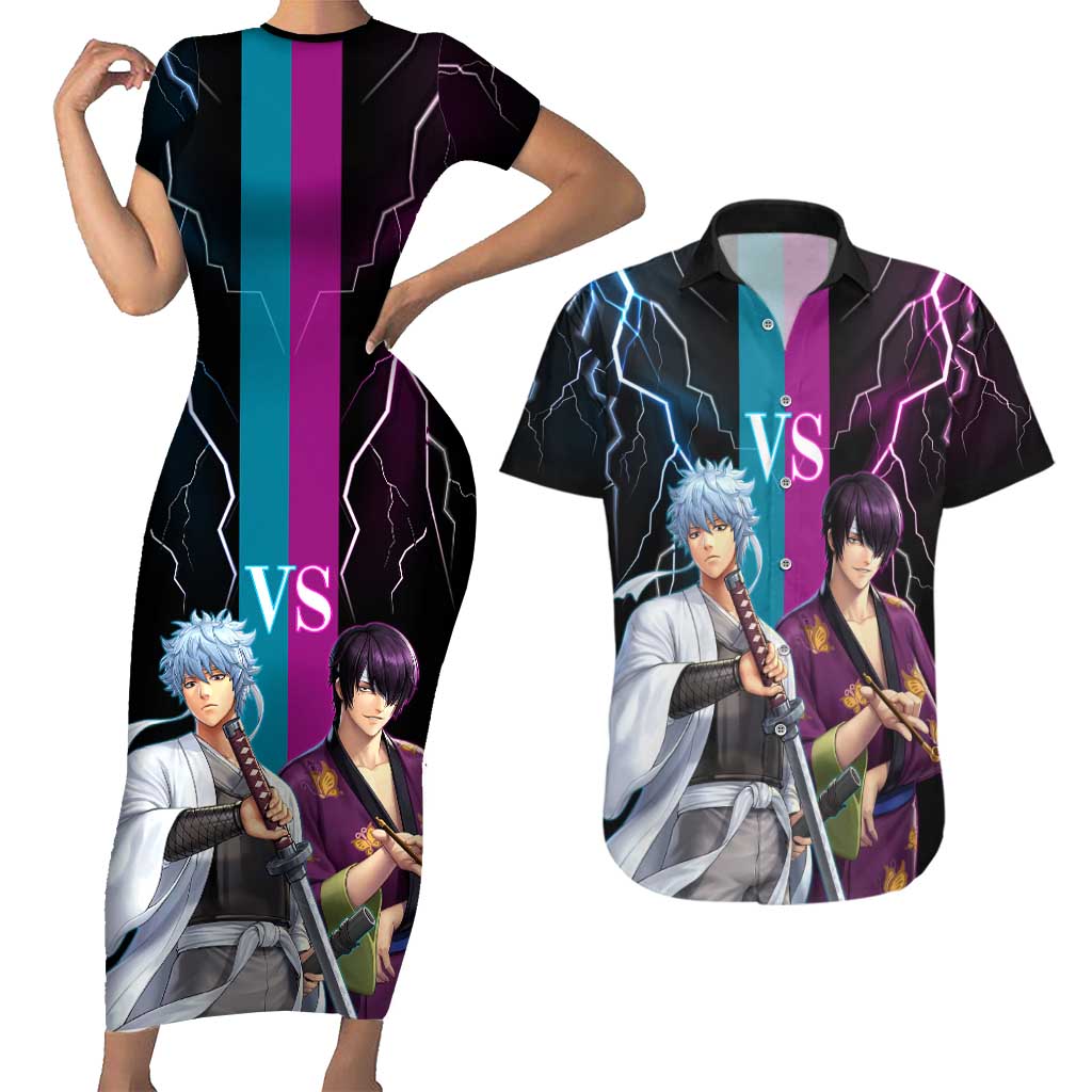 Shinsuke vs Gintoki Gintama Split Lightning Design Couples Matching Short Sleeve Bodycon Dress and Hawaiian Shirt with Sword Duel and Anime Showdown Theme - The Mazicc