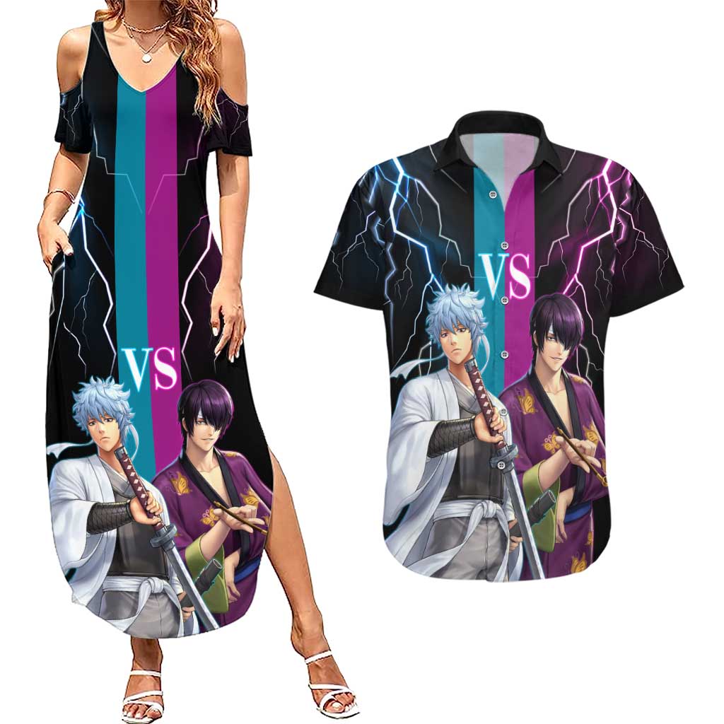Shinsuke vs Gintoki Gintama Split Lightning Design Couples Matching Summer Maxi Dress and Hawaiian Shirt with Sword Duel and Anime Showdown Theme - The Mazicc
