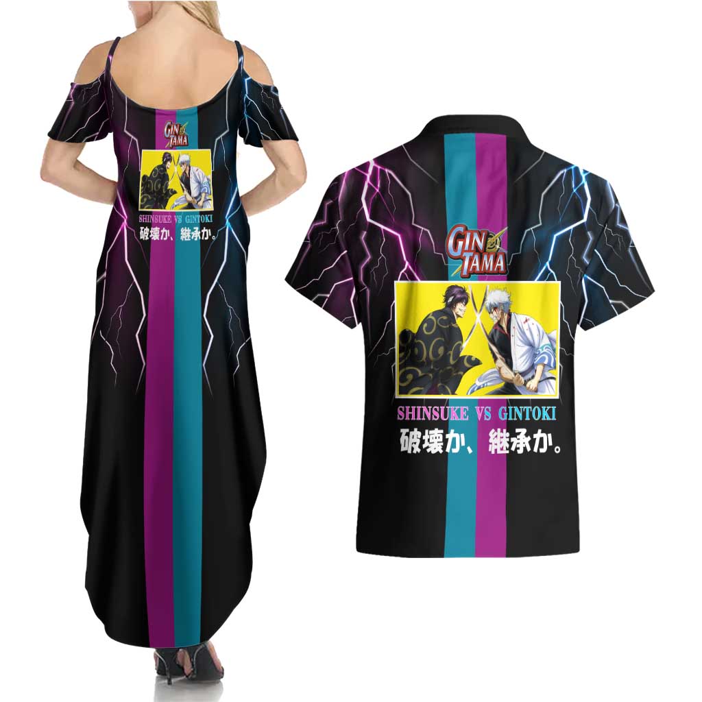 Shinsuke vs Gintoki Gintama Split Lightning Design Couples Matching Summer Maxi Dress and Hawaiian Shirt with Sword Duel and Anime Showdown Theme - The Mazicc