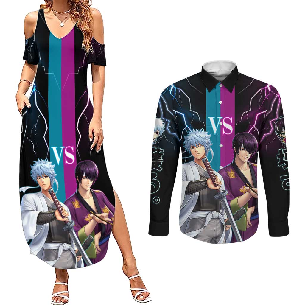 Shinsuke vs Gintoki Gintama Split Lightning Design Couples Matching Summer Maxi Dress and Long Sleeve Button Shirt with Sword Duel and Anime Showdown Theme - The Mazicc