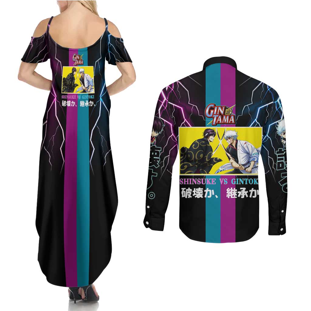 Shinsuke vs Gintoki Gintama Split Lightning Design Couples Matching Summer Maxi Dress and Long Sleeve Button Shirt with Sword Duel and Anime Showdown Theme - The Mazicc