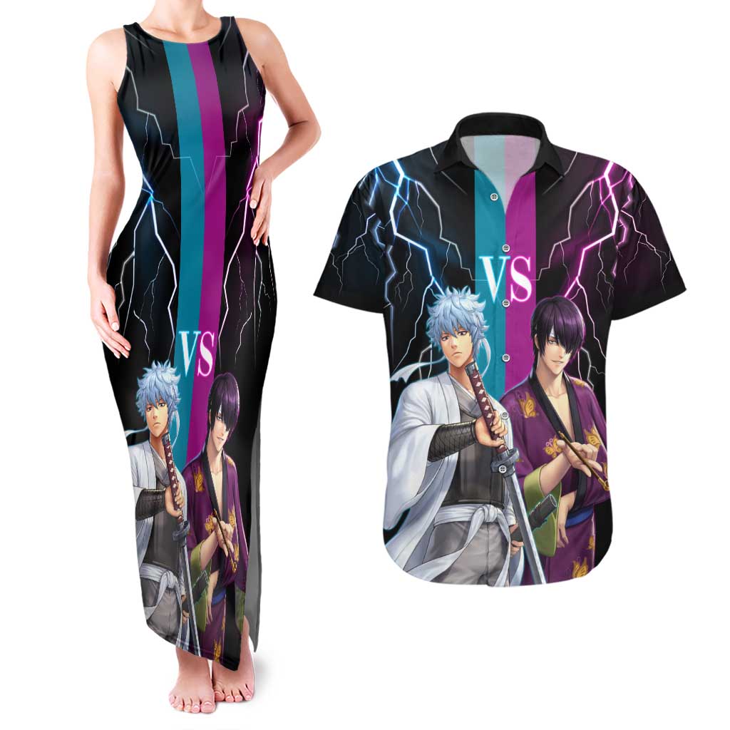 Shinsuke vs Gintoki Gintama Split Lightning Design Couples Matching Tank Maxi Dress and Hawaiian Shirt with Sword Duel and Anime Showdown Theme - The Mazicc
