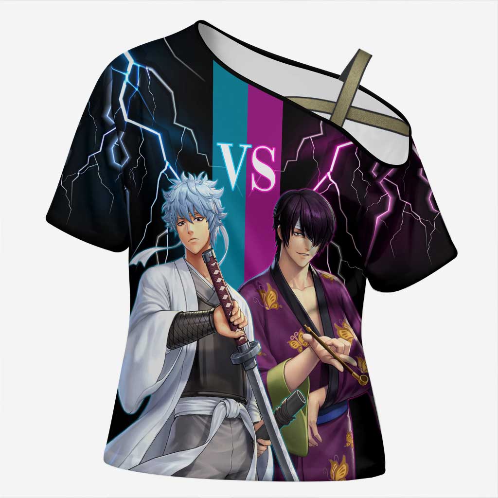 Shinsuke vs Gintoki Gintama Split Lightning Design Cross Shoulder Shirt with Sword Duel and Anime Showdown Theme - The Mazicc