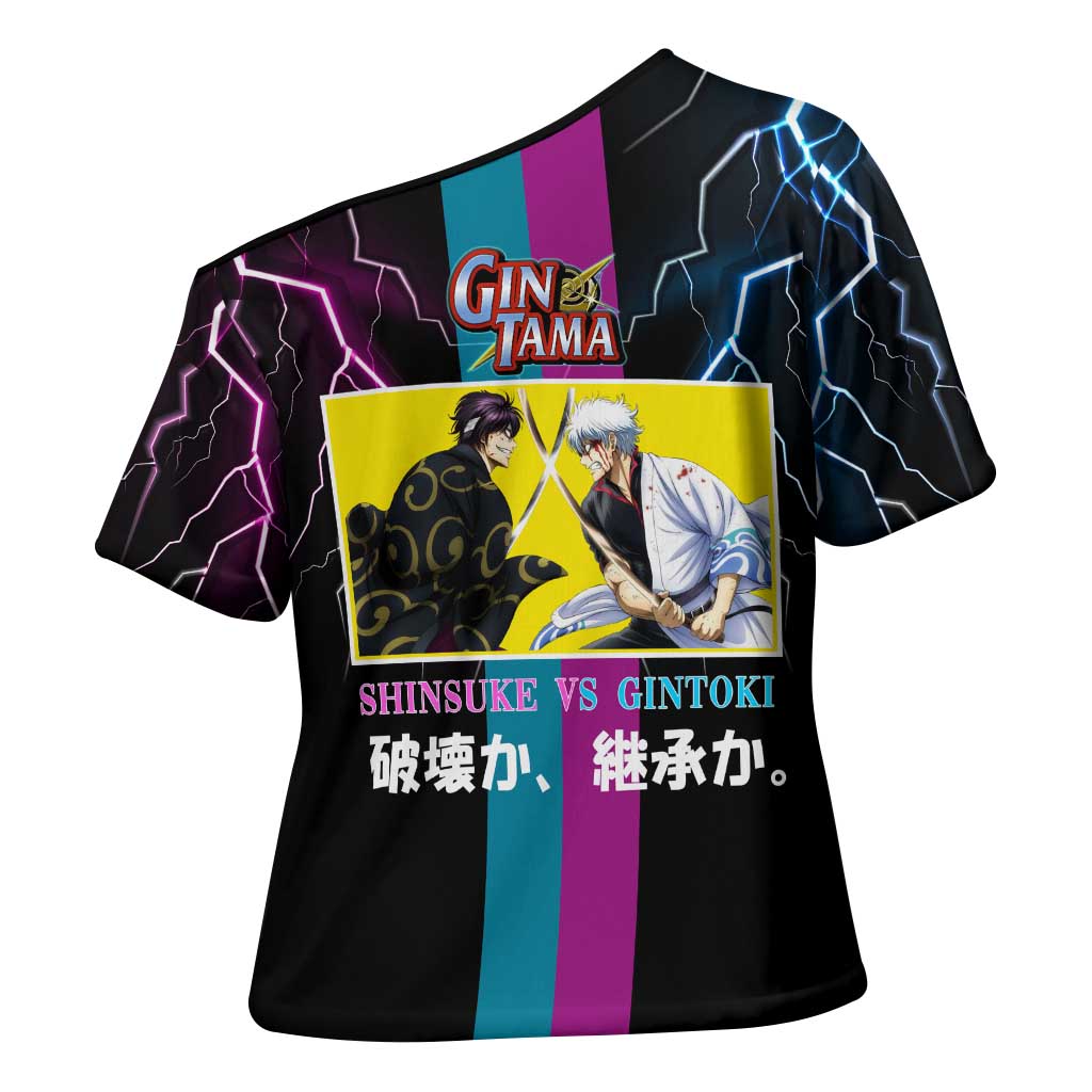 Shinsuke vs Gintoki Gintama Split Lightning Design Cross Shoulder Shirt with Sword Duel and Anime Showdown Theme - The Mazicc