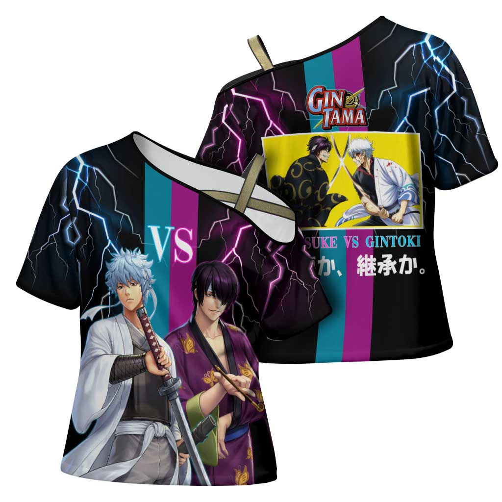 Shinsuke vs Gintoki Gintama Split Lightning Design Cross Shoulder Shirt with Sword Duel and Anime Showdown Theme - The Mazicc