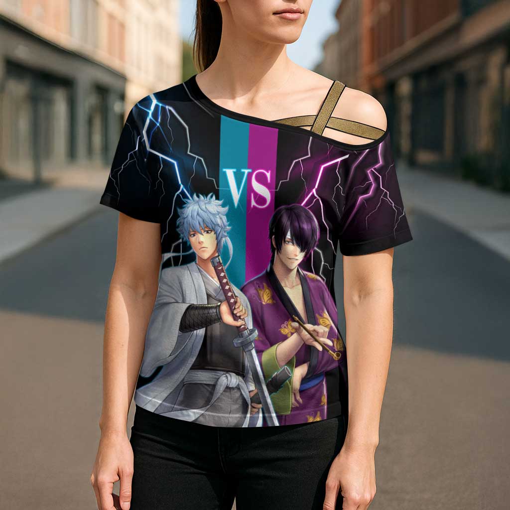 Shinsuke vs Gintoki Gintama Split Lightning Design Cross Shoulder Shirt with Sword Duel and Anime Showdown Theme - The Mazicc