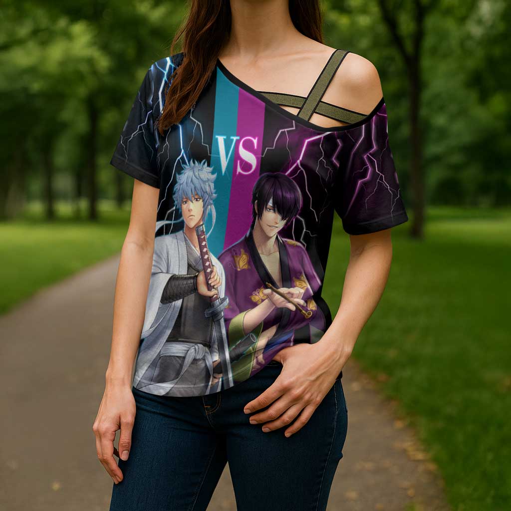 Shinsuke vs Gintoki Gintama Split Lightning Design Cross Shoulder Shirt with Sword Duel and Anime Showdown Theme - The Mazicc