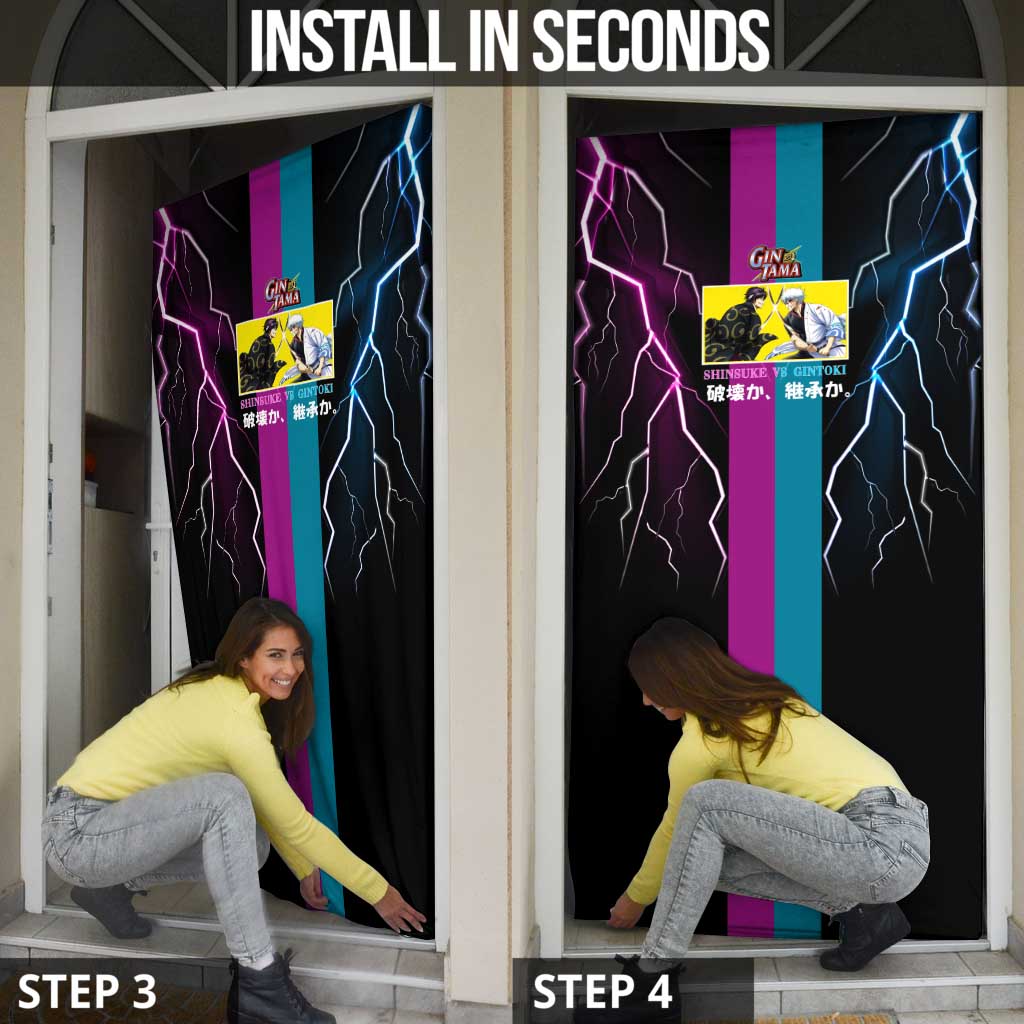 Shinsuke vs Gintoki Gintama Split Lightning Design Door Cover with Sword Duel and Anime Showdown Theme - The Mazicc
