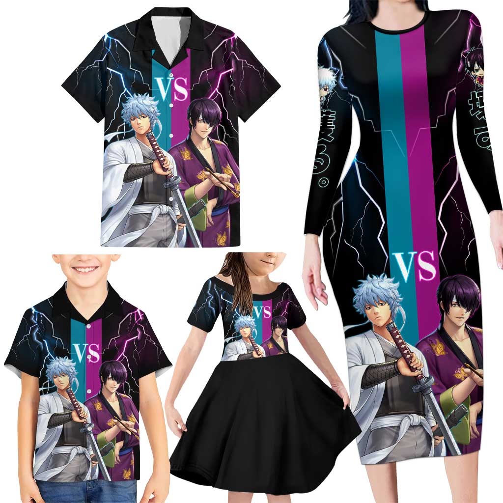 Shinsuke vs Gintoki Gintama Split Lightning Design Family Matching Long Sleeve Bodycon Dress and Hawaiian Shirt with Sword Duel and Anime Showdown Theme