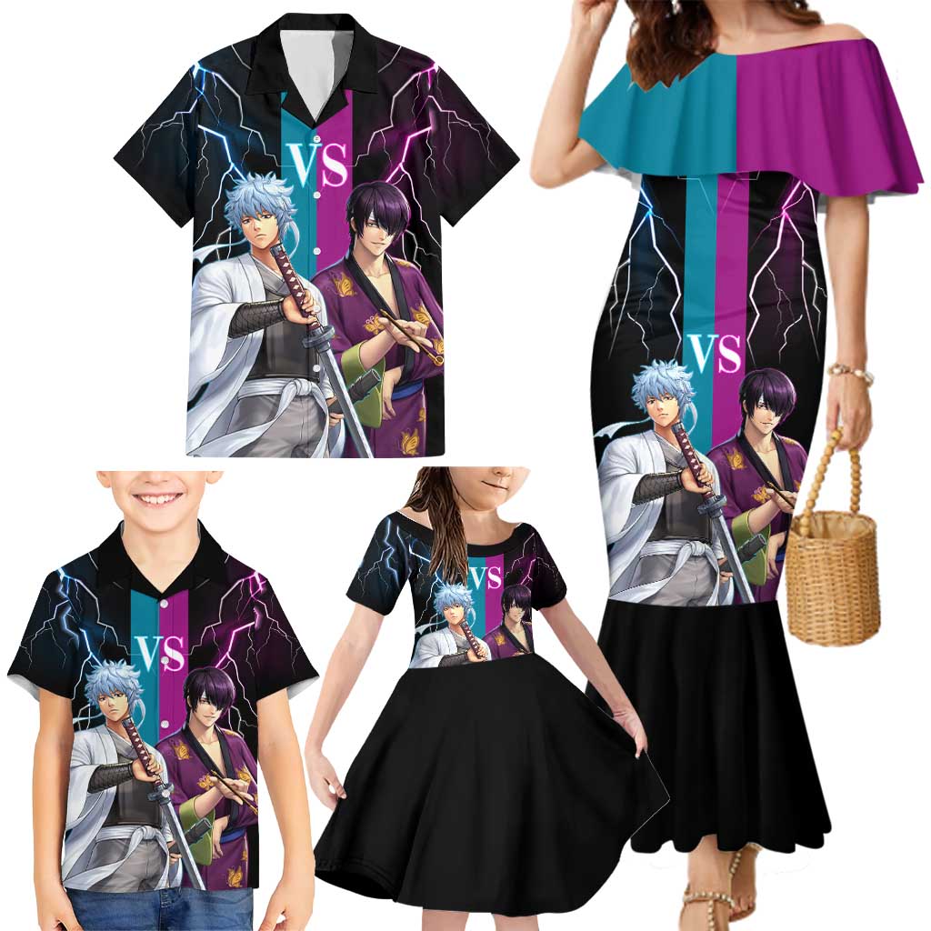 Shinsuke vs Gintoki Gintama Split Lightning Design Family Matching Mermaid Dress and Hawaiian Shirt with Sword Duel and Anime Showdown Theme