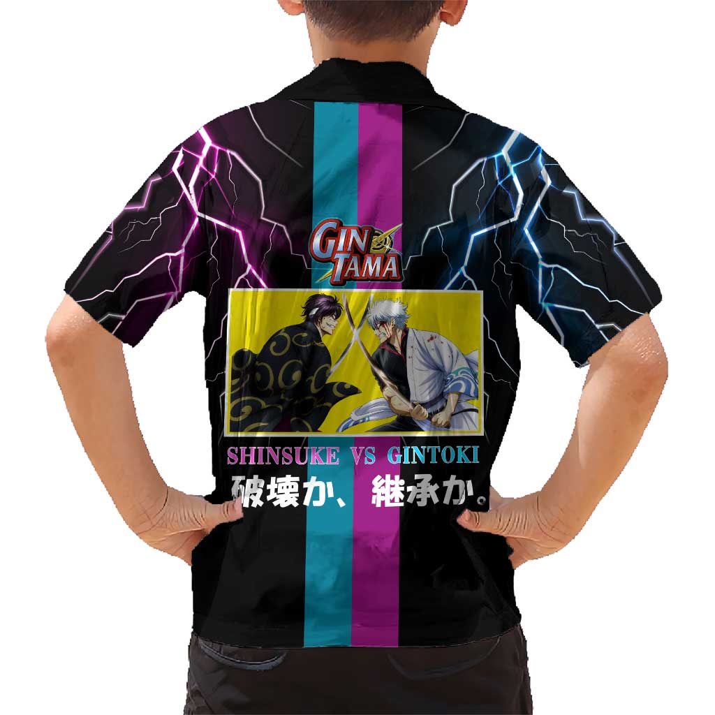 Shinsuke vs Gintoki Gintama Split Lightning Design Family Matching Off The Shoulder Long Sleeve Dress and Hawaiian Shirt with Sword Duel and Anime Showdown Theme