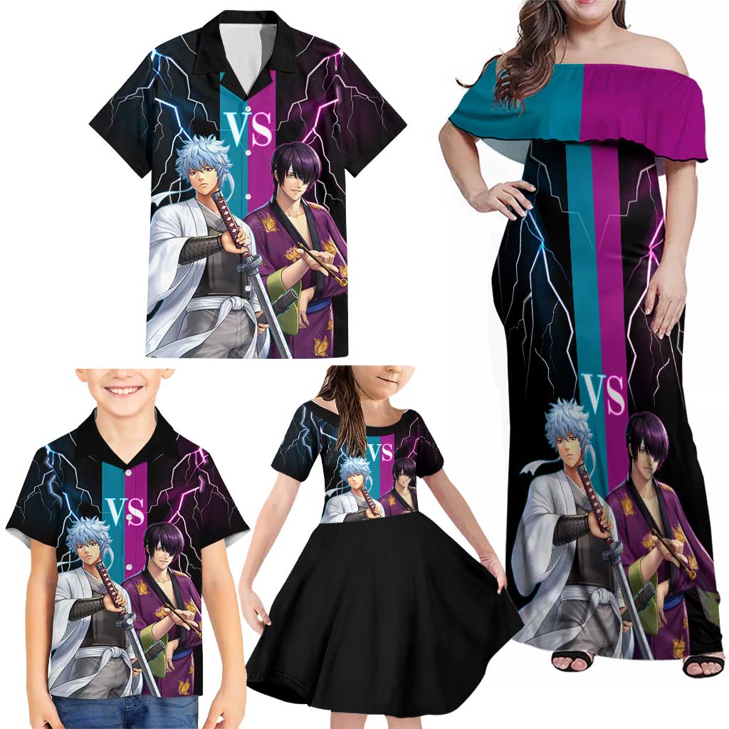 Shinsuke vs Gintoki Gintama Split Lightning Design Family Matching Off Shoulder Maxi Dress and Hawaiian Shirt with Sword Duel and Anime Showdown Theme