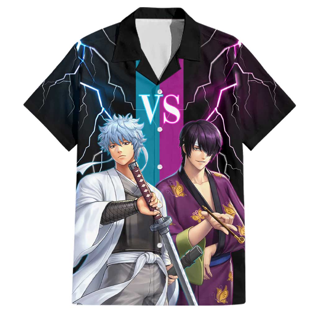 Shinsuke vs Gintoki Gintama Split Lightning Design Family Matching Off Shoulder Maxi Dress and Hawaiian Shirt with Sword Duel and Anime Showdown Theme