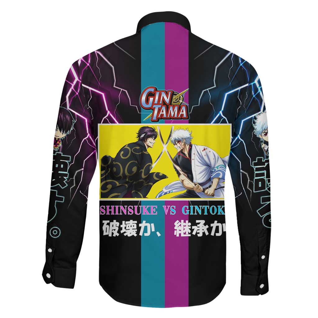 Shinsuke vs Gintoki Gintama Split Lightning Design Family Matching Off Shoulder Maxi Dress and Hawaiian Shirt with Sword Duel and Anime Showdown Theme