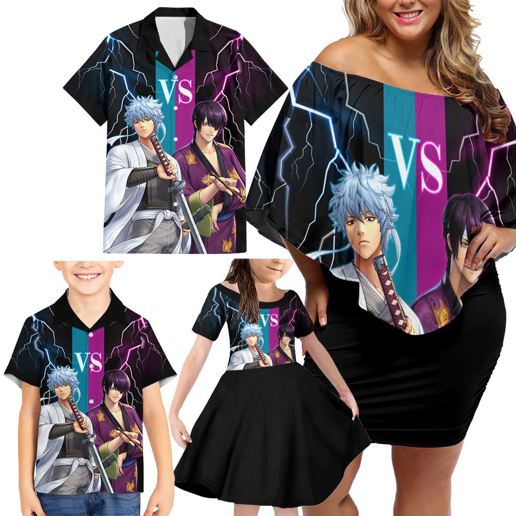 Shinsuke vs Gintoki Gintama Split Lightning Design Family Matching Off Shoulder Short Dress and Hawaiian Shirt with Sword Duel and Anime Showdown Theme
