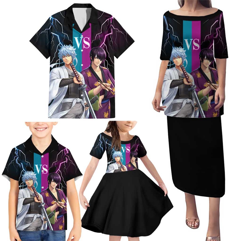 Shinsuke vs Gintoki Gintama Split Lightning Design Family Matching Puletasi and Hawaiian Shirt with Sword Duel and Anime Showdown Theme