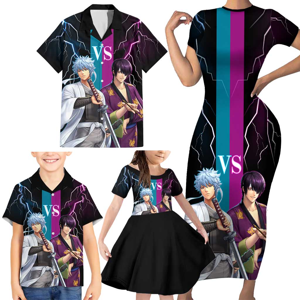 Shinsuke vs Gintoki Gintama Split Lightning Design Family Matching Short Sleeve Bodycon Dress and Hawaiian Shirt with Sword Duel and Anime Showdown Theme