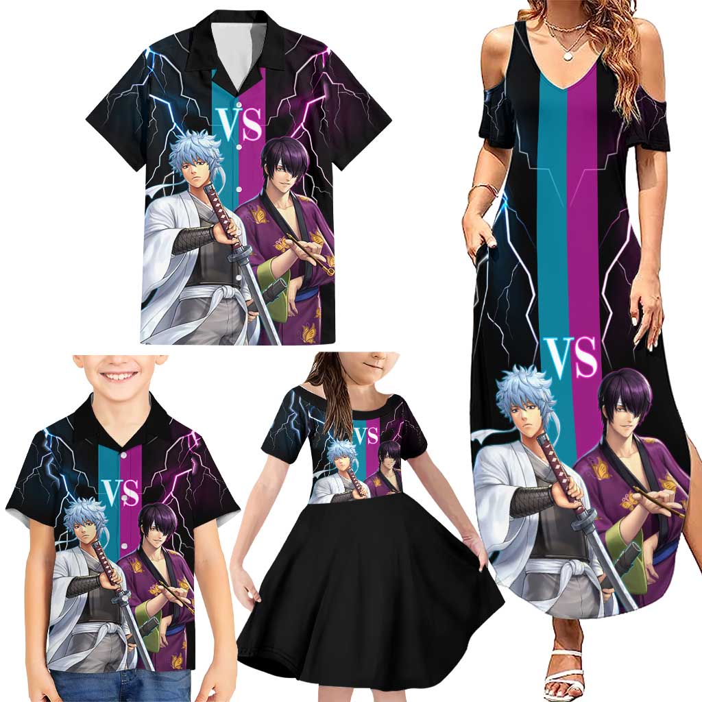 Shinsuke vs Gintoki Gintama Split Lightning Design Family Matching Summer Maxi Dress and Hawaiian Shirt with Sword Duel and Anime Showdown Theme