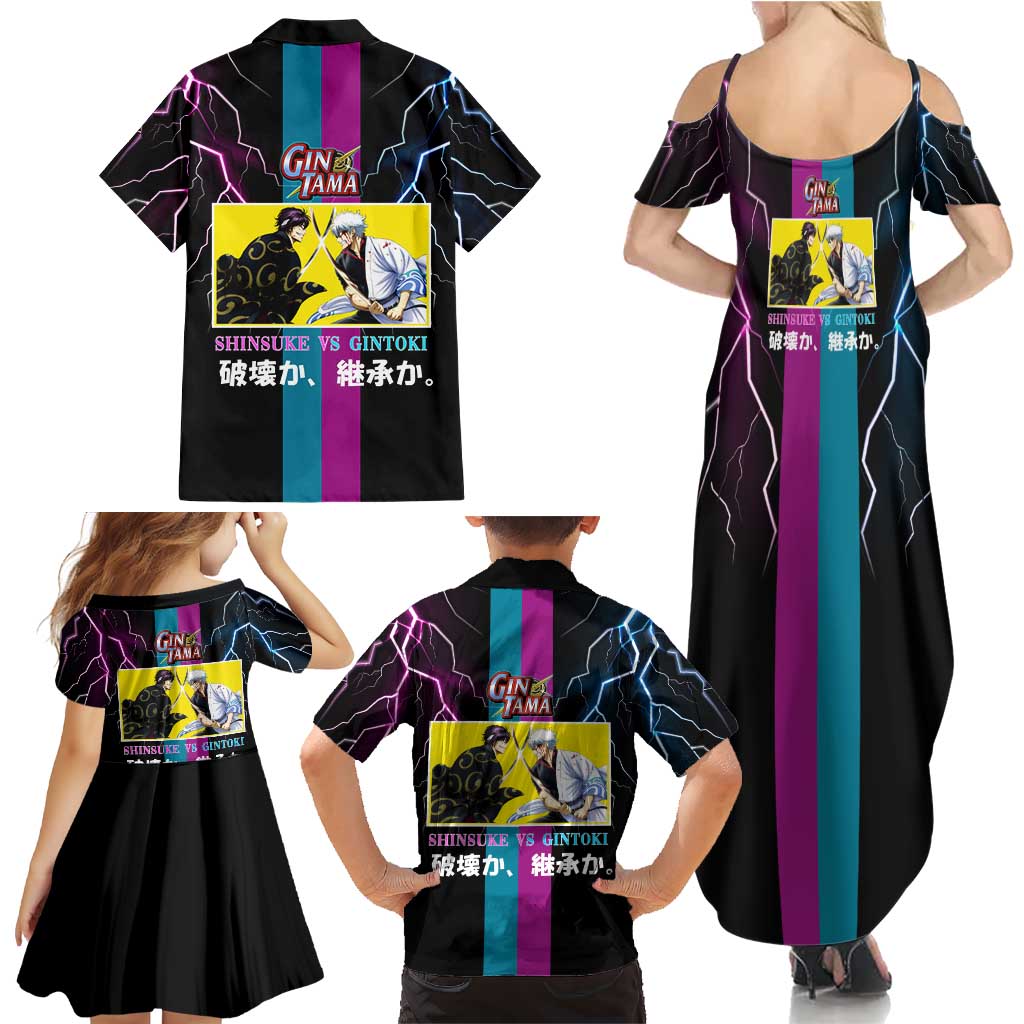 Shinsuke vs Gintoki Gintama Split Lightning Design Family Matching Summer Maxi Dress and Hawaiian Shirt with Sword Duel and Anime Showdown Theme