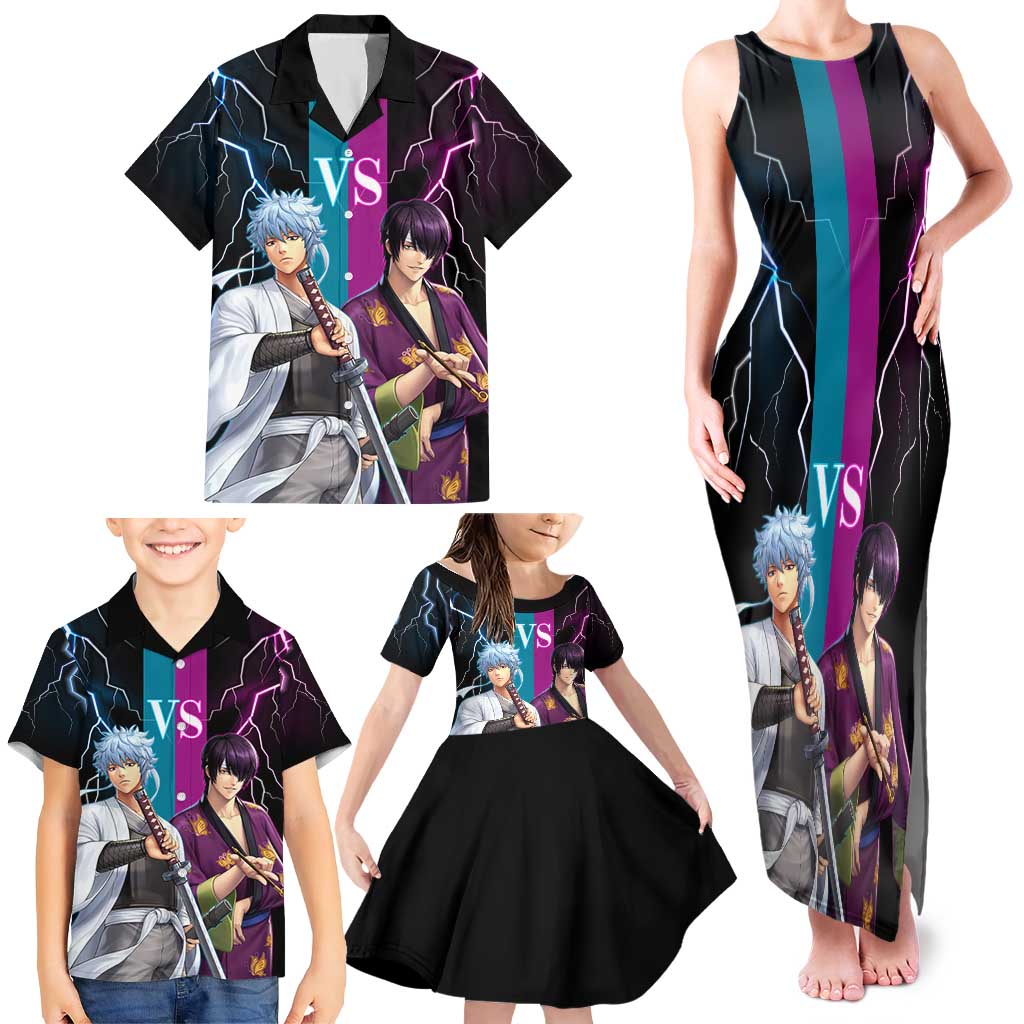 Shinsuke vs Gintoki Gintama Split Lightning Design Family Matching Tank Maxi Dress and Hawaiian Shirt with Sword Duel and Anime Showdown Theme
