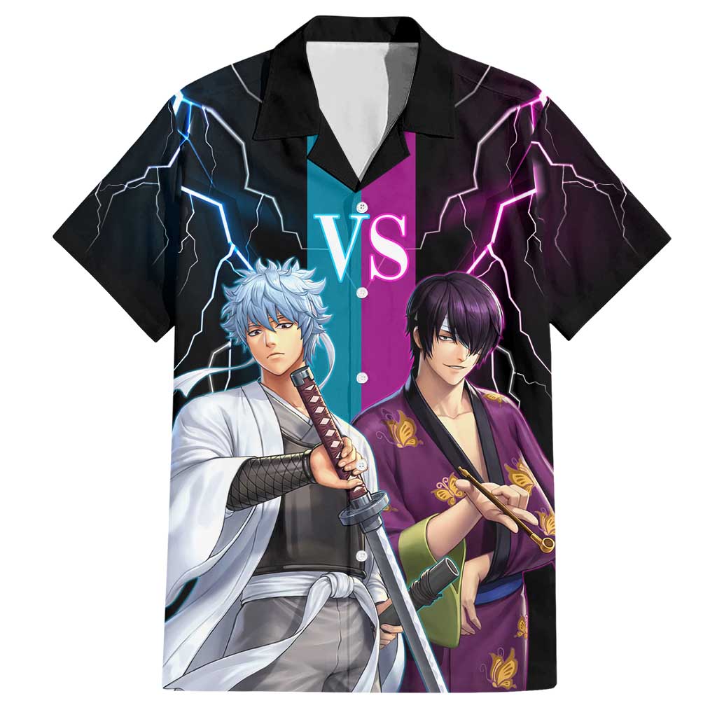 Shinsuke vs Gintoki Gintama Split Lightning Design Hawaiian Shirt with Sword Duel and Anime Showdown Theme - The Mazicc