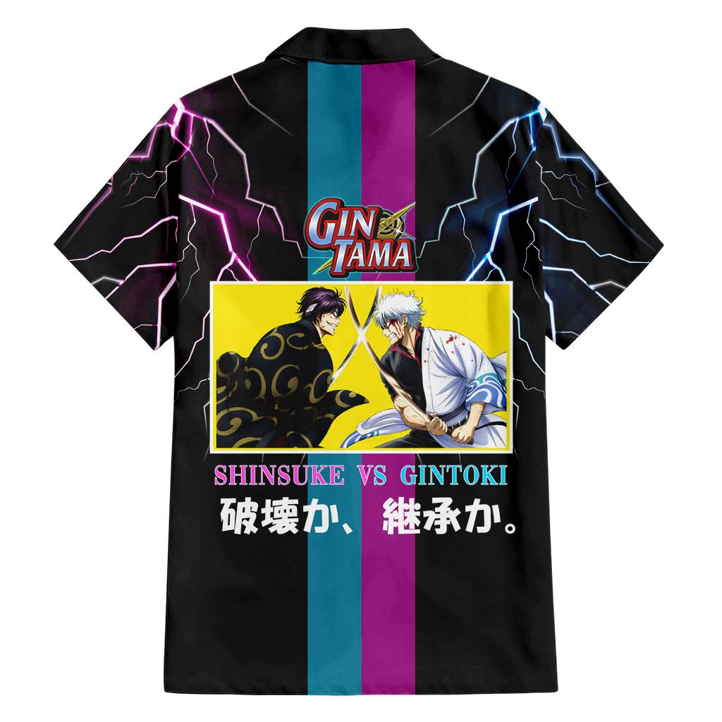 Shinsuke vs Gintoki Gintama Split Lightning Design Hawaiian Shirt with Sword Duel and Anime Showdown Theme - The Mazicc
