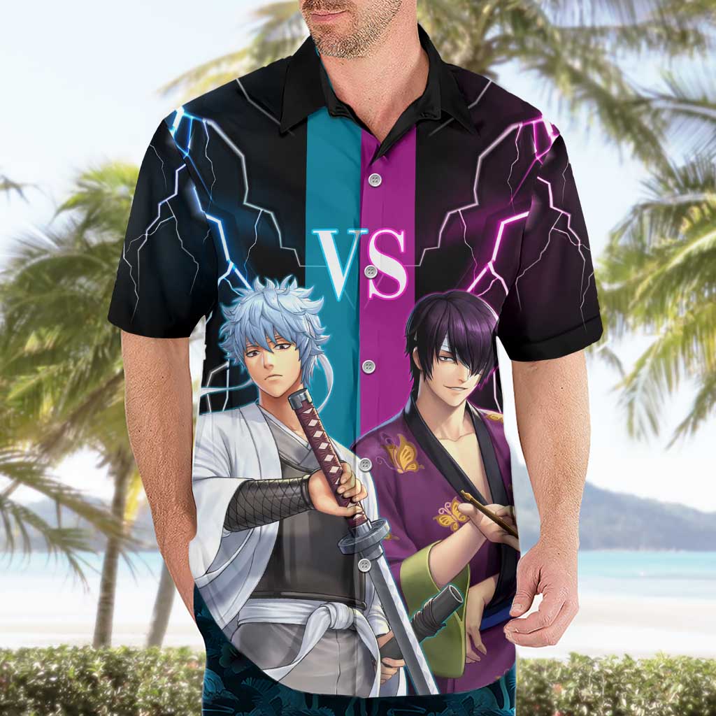 Shinsuke vs Gintoki Gintama Split Lightning Design Hawaiian Shirt with Sword Duel and Anime Showdown Theme - The Mazicc
