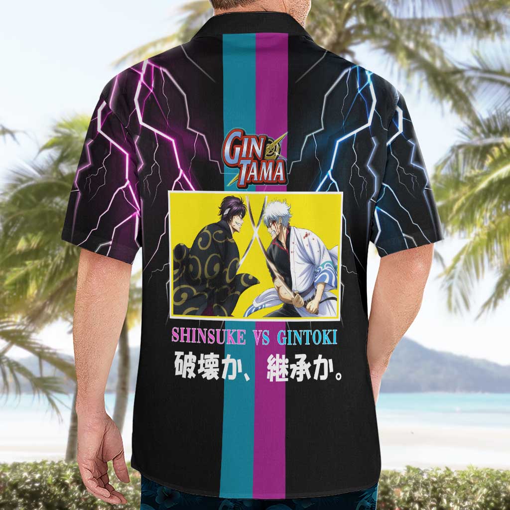 Shinsuke vs Gintoki Gintama Split Lightning Design Hawaiian Shirt with Sword Duel and Anime Showdown Theme - The Mazicc