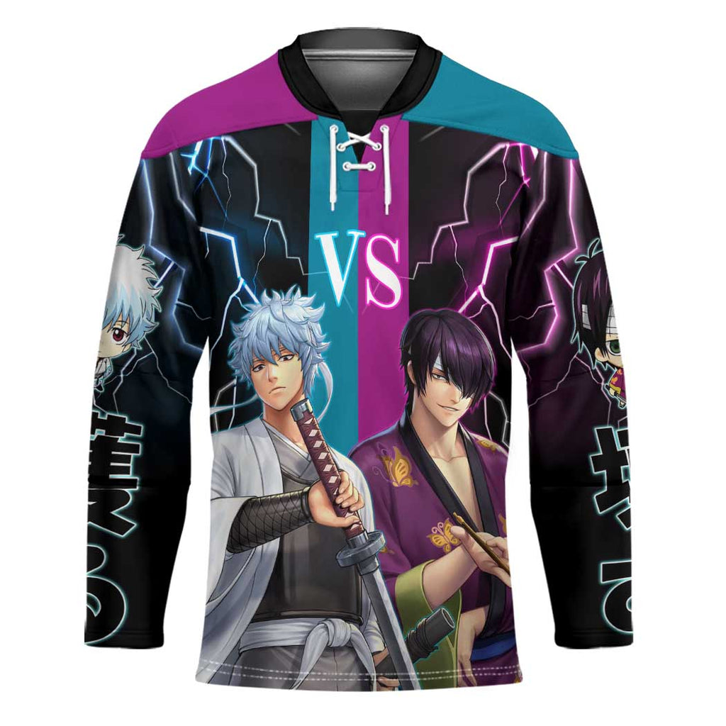 Shinsuke vs Gintoki Gintama Split Lightning Design Hockey Jersey with Sword Duel and Anime Showdown Theme - The Mazicc