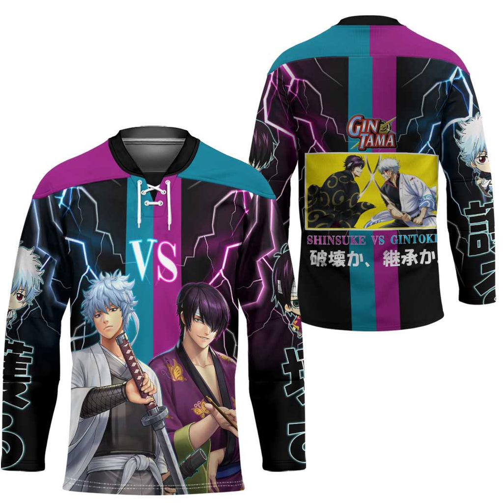Shinsuke vs Gintoki Gintama Split Lightning Design Hockey Jersey with Sword Duel and Anime Showdown Theme - The Mazicc